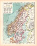 Originaldruck aus Meyers Handatlas zweite Ausgabe von 1900 zeigt Schweden Norwegen Landkarte Lithographie ca. 1900