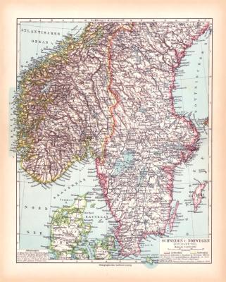 Schweden Norwegen Süd Landkarte Lithographie ca. 1900 Original der Zeit