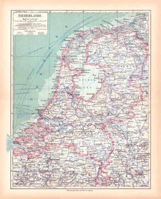 Originaldruck aus Meyers Handatlas zweite Ausgabe von 1900 zeigt Niederlande Landkarte Lithographie ca. 1900
