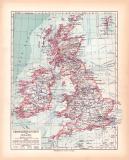 Originaldruck aus Meyers Handatlas zweite Ausgabe von 1900 zeigt Großbritannien Irland Landkarte Lithographie ca. 1900