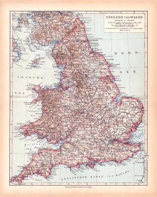 England und Wales Landkarte Lithographie ca. 1900 Original der Zeit