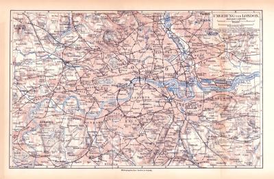 London Umgebung Landkarte Lithographie ca. 1900 Original der Zeit