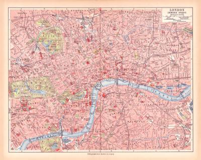 Originaldruck aus Meyers Handatlas zweite Ausgabe von 1900 zeigt London Stadtplan  Lithographie ca. 1900