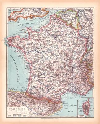 Originaldruck aus Meyers Handatlas zweite Ausgabe von 1900 zeigt Frankreich Landkarte Lithographie ca. 1900