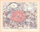 Originaldruck aus Meyers Handatlas zweite Ausgabe von 1900 zeigt Paris Umgebung Landkarte Lithographie ca. 1900