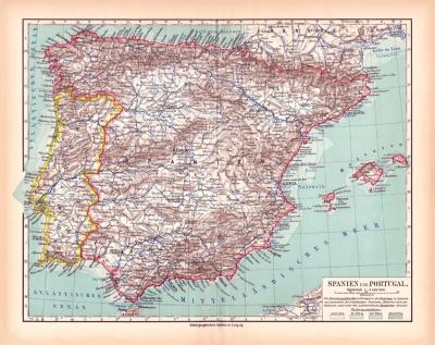 Originaldruck aus Meyers Handatlas zweite Ausgabe von 1900 zeigt Spanien Portugal Landkarte Lithographie ca. 1900