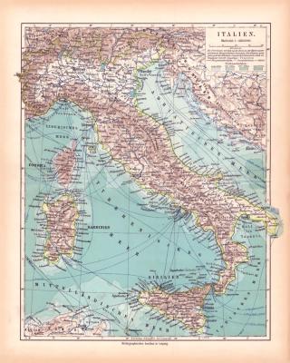 Originaldruck aus Meyers Handatlas zweite Ausgabe von 1900 zeigt Italien Landkarte Lithographie ca. 1900