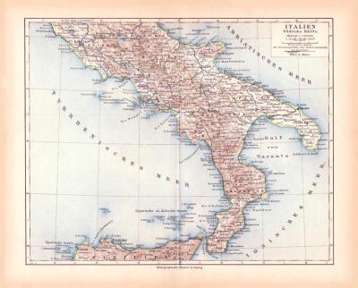 Originaldruck aus Meyers Handatlas zweite Ausgabe von 1900 zeigt Italien Süd Landkarte Lithographie ca. 1900