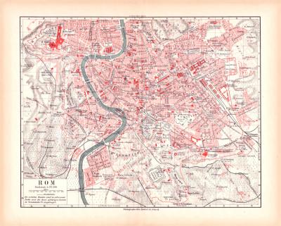 Originaldruck aus Meyers Handatlas zweite Ausgabe von 1900 zeigt Rom Stadtplan Lithographie ca. 1900