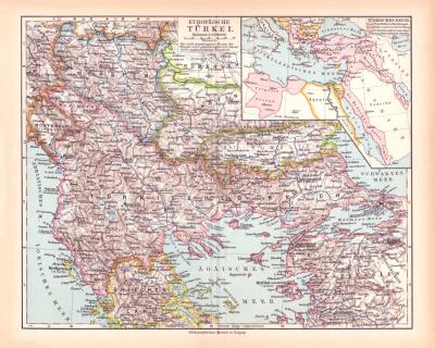 Originaldruck aus Meyers Handatlas zweite Ausgabe von 1900 zeigt Europäische Türkei Landkarte Lithographie ca. 1900