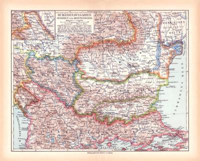 Rum&auml;nien Bulgarien Serbien Montenegro Landkarte Lithographie ca. 1900 Original der Zeit