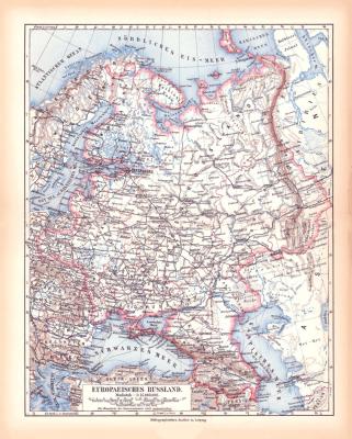 Originaldruck aus Meyers Handatlas zweite Ausgabe von 1900 zeigt Europäisches Russland Landkarte Lithographie ca. 1900