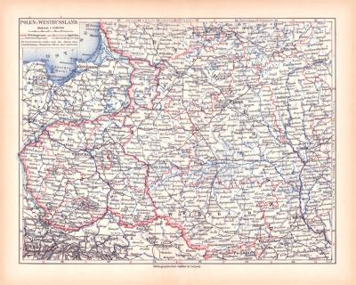 Originaldruck aus Meyers Handatlas zweite Ausgabe von 1900 zeigt Polen Westrussland Landkarte Lithographie ca. 1900