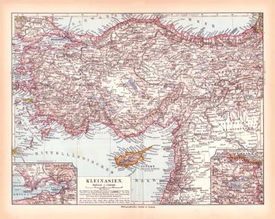 Originaldruck aus Meyers Handatlas zweite Ausgabe von 1900 zeigt Kleinasien Landkarte Lithographie ca. 1900