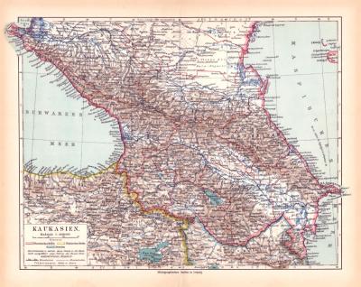 Originaldruck aus Meyers Handatlas zweite Ausgabe von 1900 zeigt Kaukasien Landkarte Lithographie ca. 1900