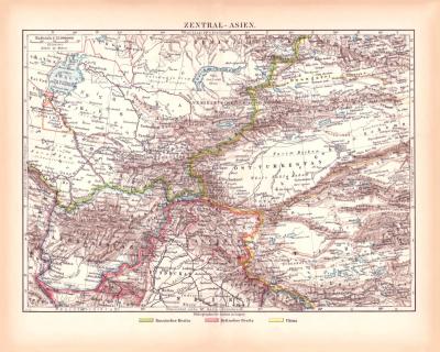 Originaldruck aus Meyers Handatlas zweite Ausgabe von 1900 zeigt Zentralasien Landkarte Lithographie ca. 1900
