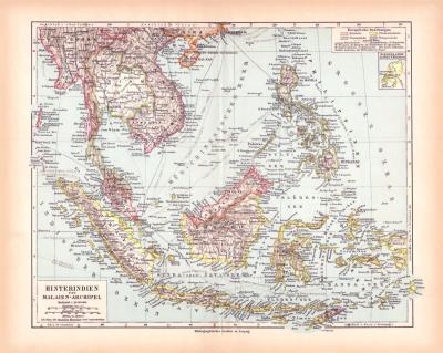 Hinterindien Malaien Archipel Landkarte Lithographie ca. 1900 Original der Zeit