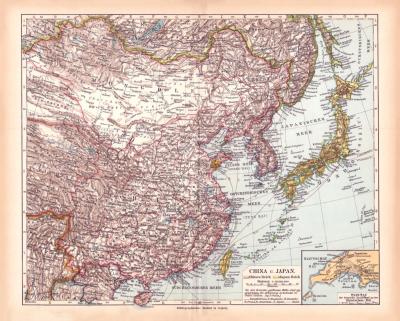 China Japan Landkarte Lithographie ca. 1900 Original der Zeit