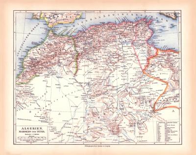 Algerien Marokko Tunis Landkarte Lithographie ca. 1900 Original der Zeit