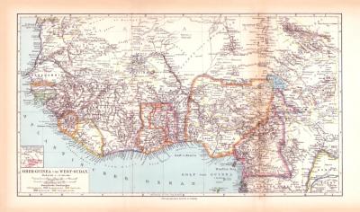 Guinea Sudan Landkarte Lithographie ca. 1900 Original der Zeit
