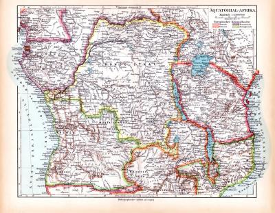 &Auml;quatorial Afrika Landkarte Lithographie ca. 1900 Original der Zeit
