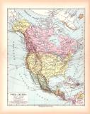 Originaldruck aus Meyers Handatlas zweite Ausgabe von 1900 zeigt Nordamerika Landkarte Lithographie ca. 1900