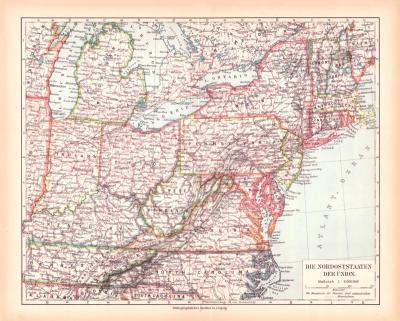 Originaldruck aus Meyers Handatlas zweite Ausgabe von 1900 zeigt USA Nordstaaten Landkarte Lithographie ca. 1900