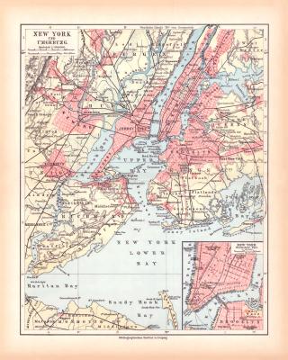 New York Umgebung Landkarte Lithographie ca. 1900 Original der Zeit