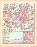Originaldruck aus Meyers Handatlas zweite Ausgabe von 1900 zeigt New York Umgebung Landkarte Lithographie ca. 1900