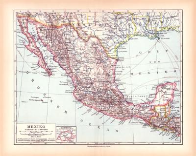 Mexiko Landkarte Lithographie ca. 1900 Original der Zeit