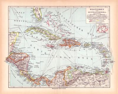 Westindien Zentralamerika Landkarte Lithographie ca. 1900 Original der Zeit