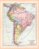 Originaldruck aus Meyers Handatlas zweite Ausgabe von 1900 zeigt Südamerika Landkarte Lithographie ca. 1900