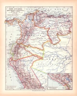 Peru Ecuador Kolumbien Venezuela Landkarte Lithographie ca. 1900 Original der Zeit