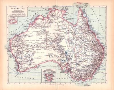Originaldruck aus Meyers Handatlas zweite Ausgabe von 1900 zeigt Australien Landkarte Lithographie ca. 1900