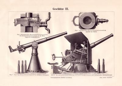 Geschütze III. Holzstich 1890 Original der Zeit