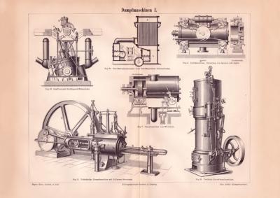 Dampfmaschinen I. Holzstich 1886 Original der Zeit