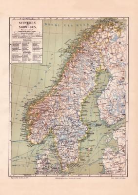 Schweden und Norwegen Karte Lithographie 1889 Original der Zeit