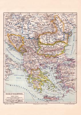 Balkan Halbinsel Karte Lithographie 1889 Original der Zeit