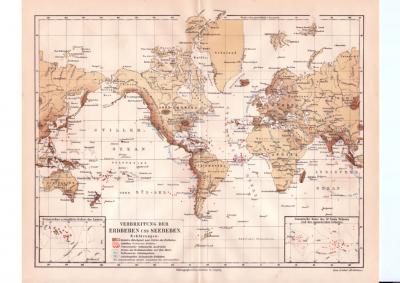 Erdbeben Seebeben Verbreitung Karte Lithographie 1890 Original der Zeit
