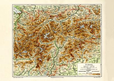 Tirol Karte Lithographie 1889 Original der Zeit