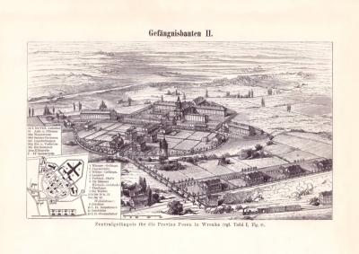 Gef&auml;ngnisbauten I. - II. Holzstich 1898 Original der Zeit