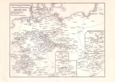 Fernsprecher V. Fernsprecheinrichtungen Karte Deutsches Reich Lithographie 1899 Original der Zeit
