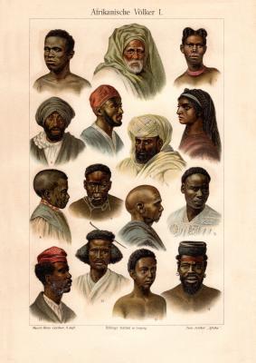 Afrikanische Völker I. historischer Druck Chromolithographie ca. 1902