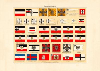 Deutsche Flaggen historischer Druck Chromolithographie ca. 1903