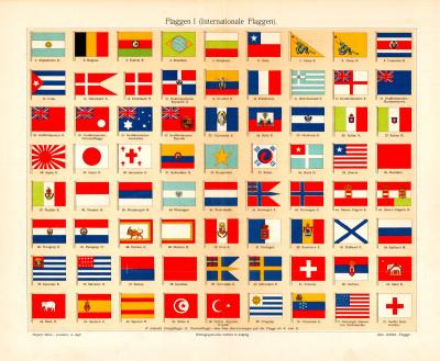 Flaggen I. International historischer Druck Chromolithographie ca. 1904