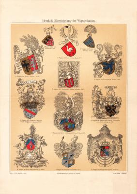 Heraldik Entwicklung der Wappenkunst historischer Druck Chromolithographie ca. 1905