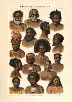 Australier und Ozeanische Völker II. historischer Druck Chromolithographie ca. 1902