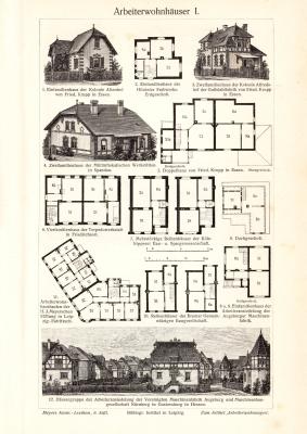 Arbeiterwohnhäuser I. + II. historischer Druck Holzstich ca. 1902