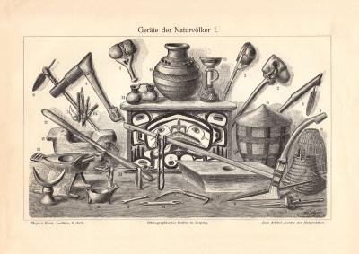 Geräte der Naturvölker I. - II. historischer Druck Holzstich ca. 1902