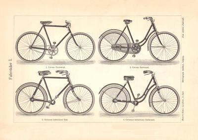 Fahrr&auml;der I. - II. historischer Druck Holzstich ca. 1904